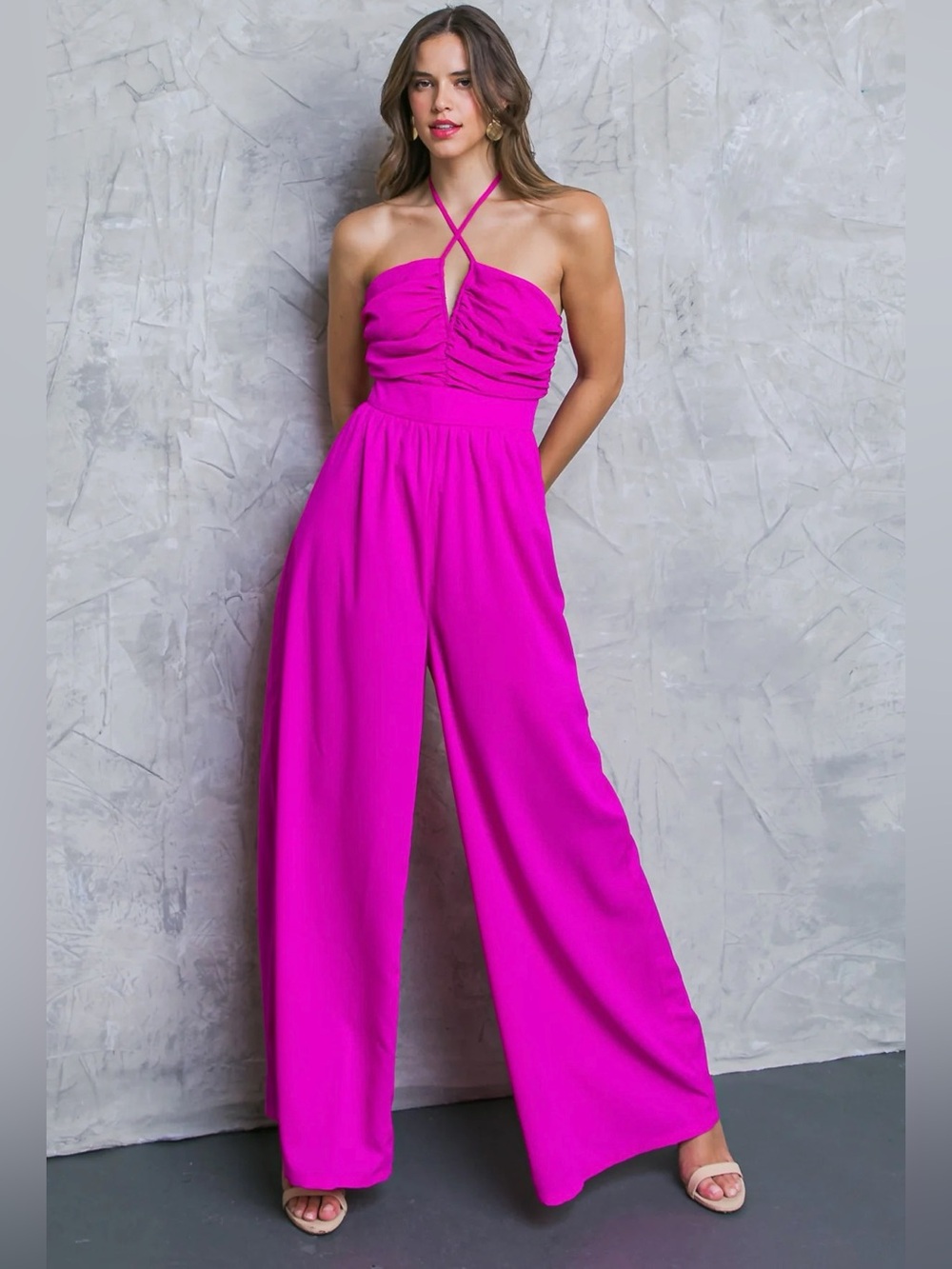 Flying Tomato Hot Pink Neck Tie Wide Leg Jumpsuit